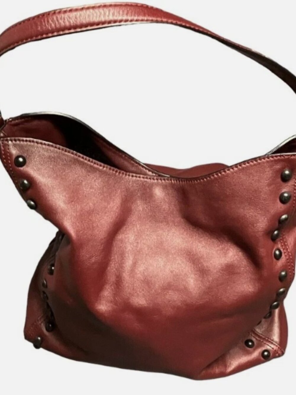 LOEFFLER RANDALL DEEP WINE LEATHER STUDDED HOBO BAG W DETACHABLE STRAP
